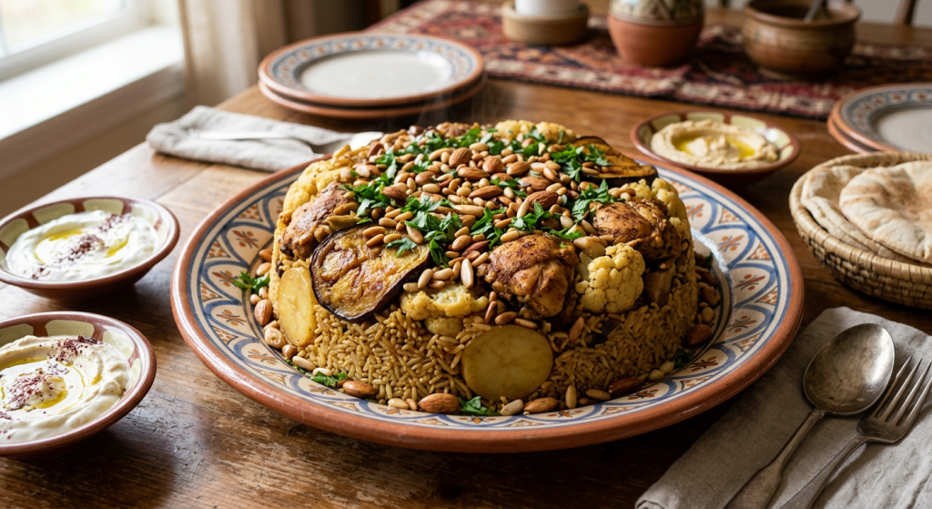 Маклюбе — «перевёрнутое» блюдо с рисом, мясом и овощами.png